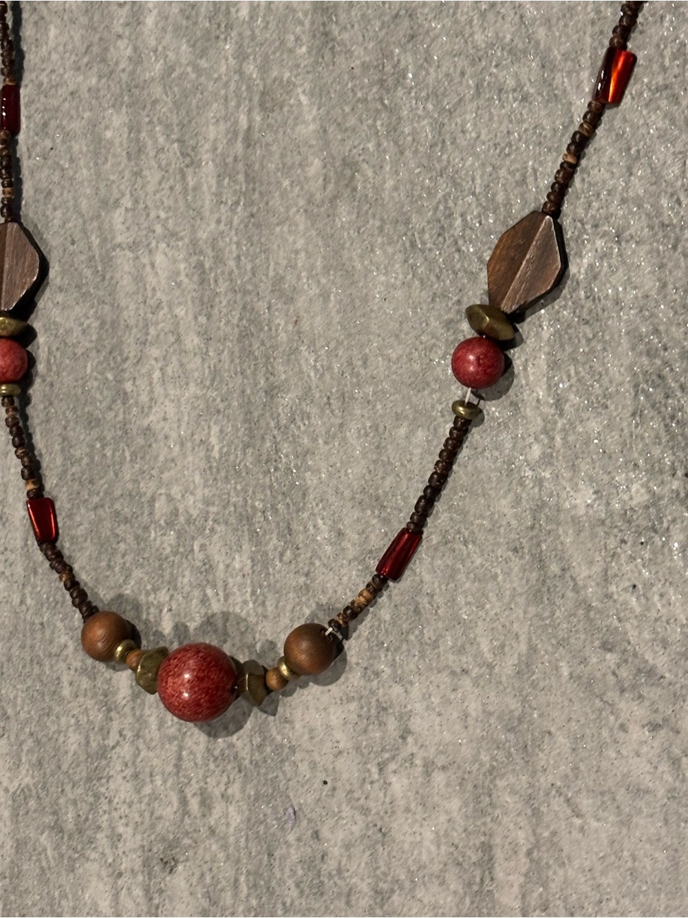 Handcrafted Brown and Red Wood/Seed Beaded Women's Necklace 41” Boho Chic